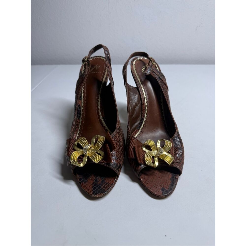J Vincent Brown Snakeskin Print Slingback Peep Toe Heels Size 8.5